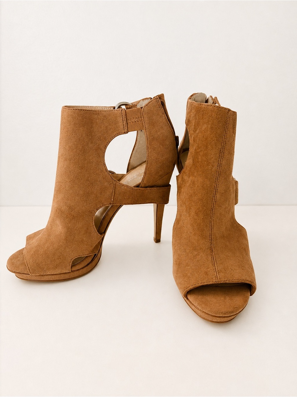 Jessica Simpson Cognac Suede Cutout Peep-Toe Stiletto Heels